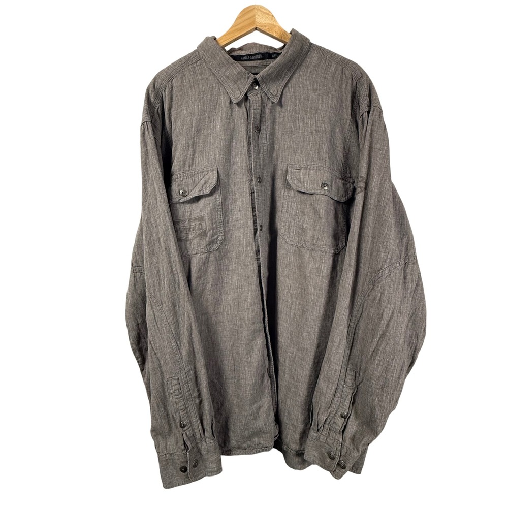 Harley Davidson Mens 3XL Button Up Shirt‎ Long Sleeve Linen Cotton Blend Gray